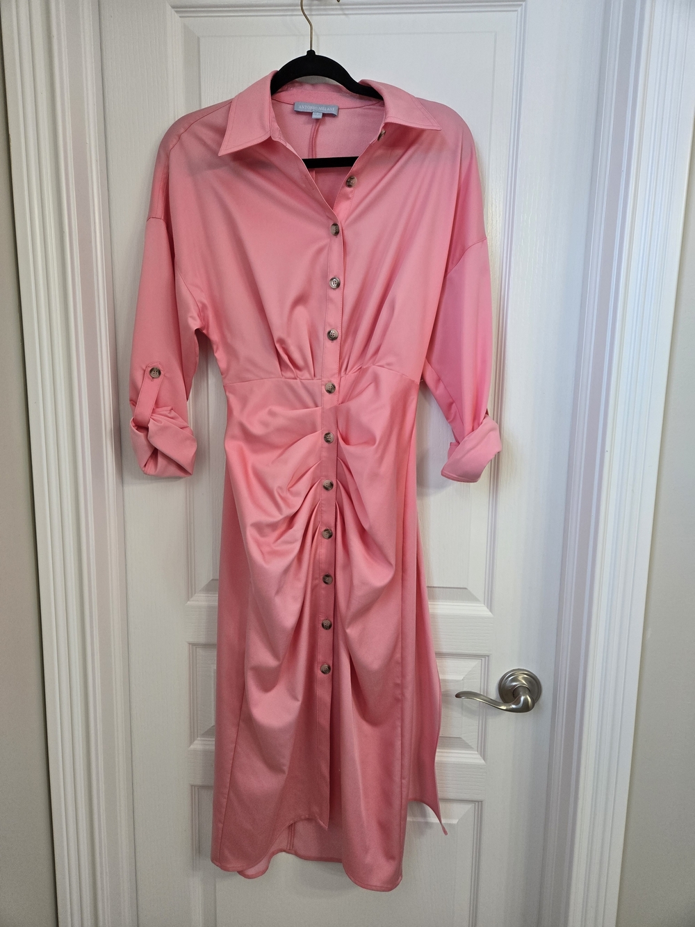 ANTONIO MELANI Pink Satin Button-Front Ruched Midi Shirt Dress
